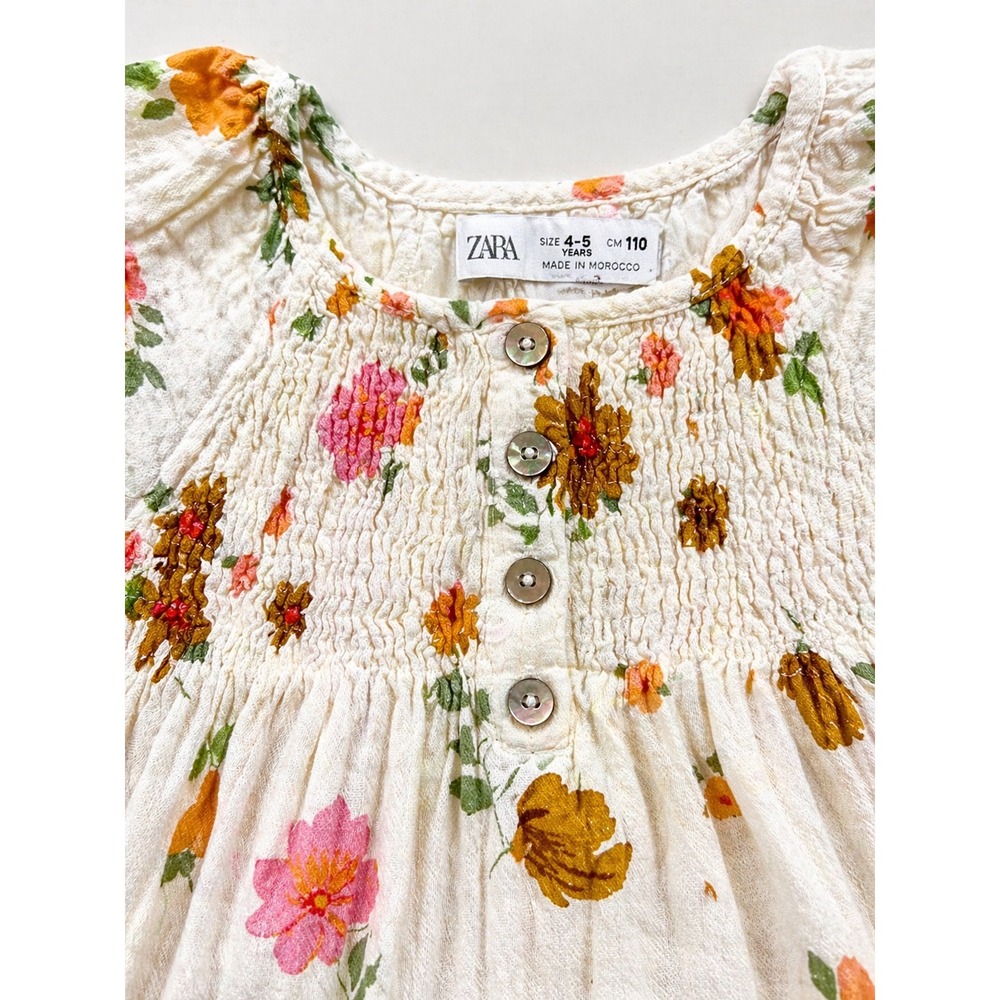 Zara Floral Muslin Dress Kids Size 4-5 Cream Boho Smocked Flutter Sleeve - Picture 3 of 4